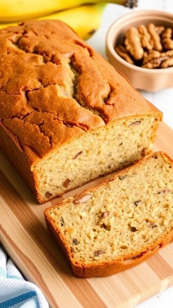 A golden loaf of gluten-free banana bread with slices cut, showcasing its moist texture, on a wooden cutting board.